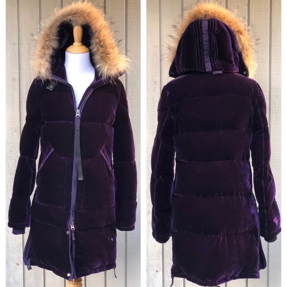 Parajumpers Real Fur Hooded Purple Velvet Down Puffer Knee Length Jacket Coat XS
